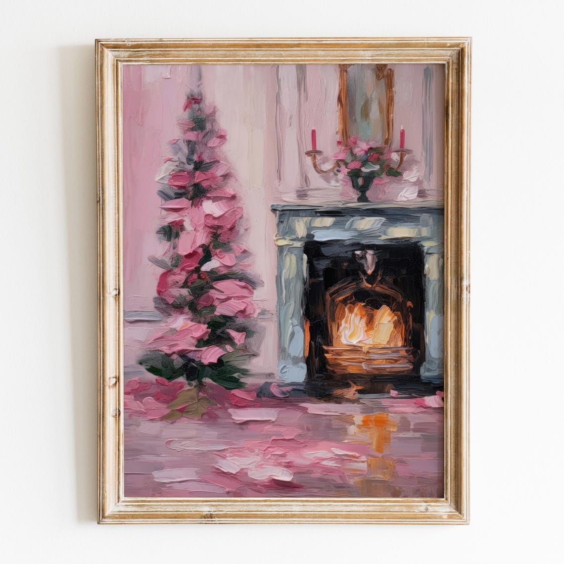 Pink Christmas Tree Cozy Fireplace Pink Holiday Living Room Art Print