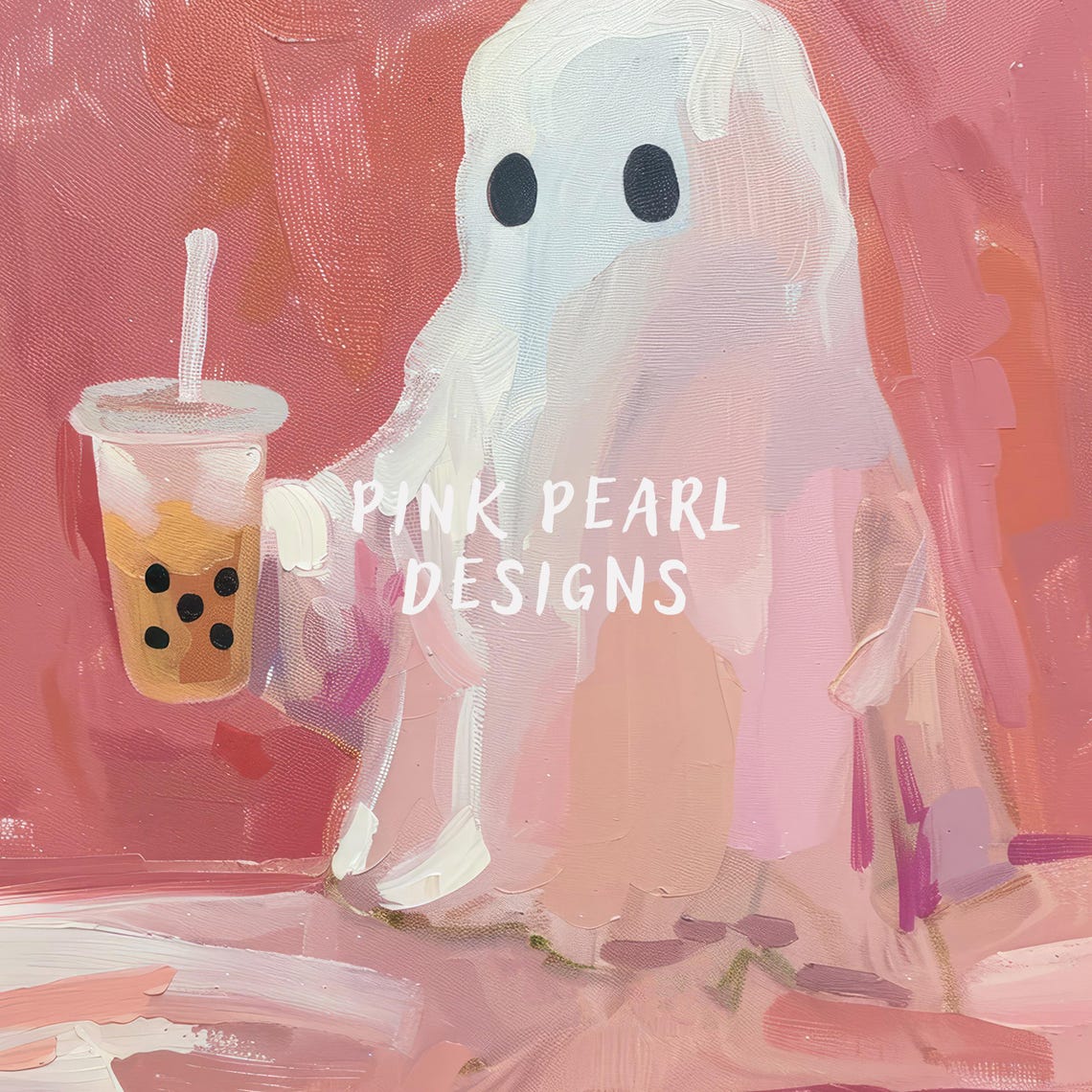 Cute Ghost With Bubble Tea Boba Pink Halloween Wall Art Poster - Image 6