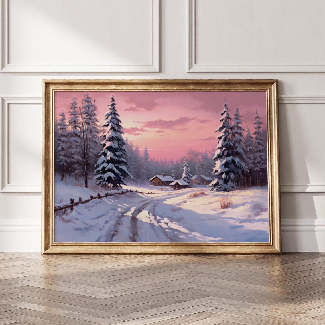 Pink Winter Forest Cabin Snowy Dusk Landscape Wall Art Poster - Image 6