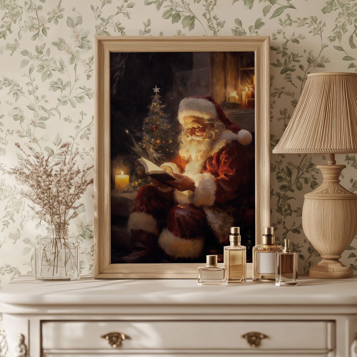 Santa Claus Reading By Candlelight Christmas Tree Art Poster - Image 5