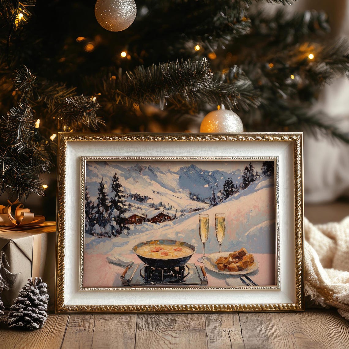 Cheese Fondue With Champagne Alpine Mountain View Art Poster
