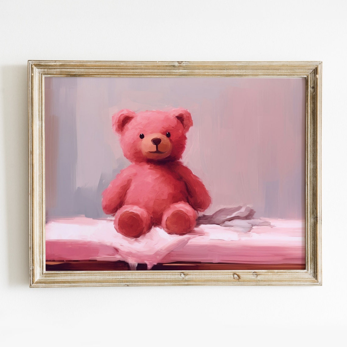 Soft Pink Teddy Bear Plush Oil Painting Nursery Wall Art Print