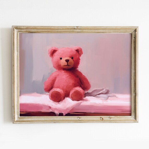 Soft Pink Teddy Bear Plush Oil Painting Nursery Wall Art Print