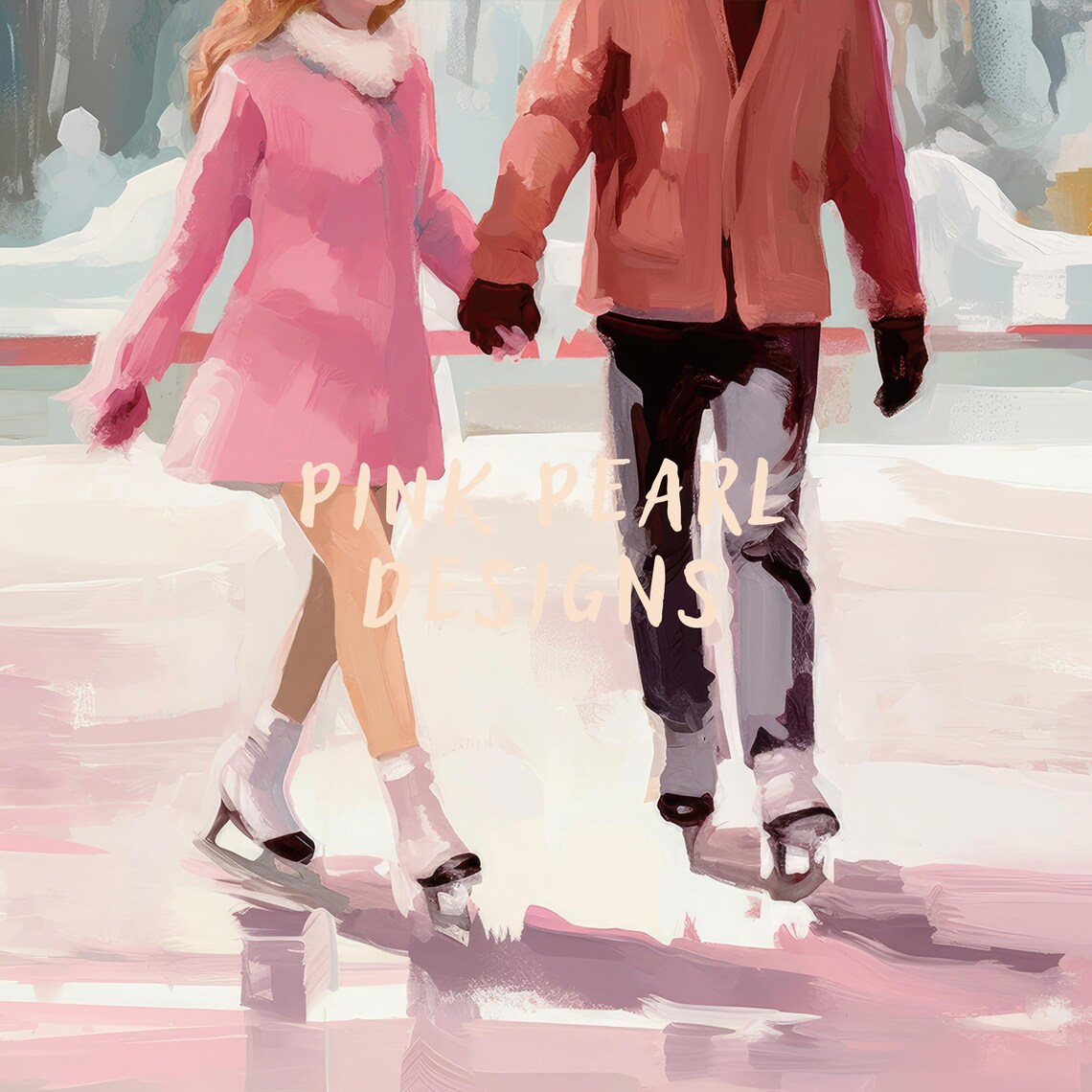 Sweet Pink Couple Ice Skating Holding Hands Winter Wall Art Print - Image 2
