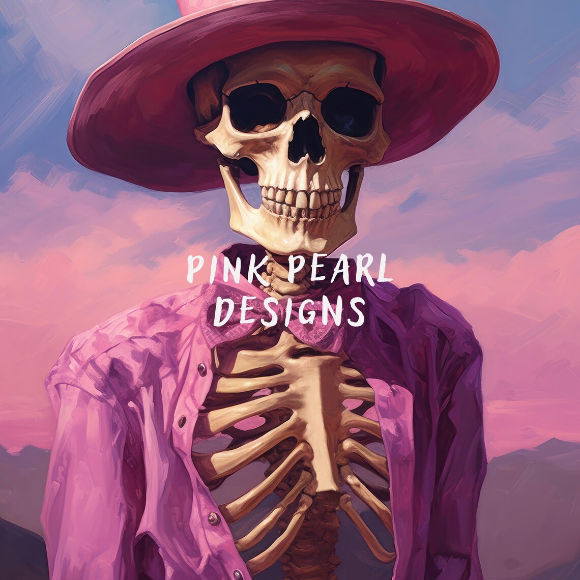 Pink Cowboy Skeleton Hat Bow Tie Sunset Desert Halloween Party Wall Poster - Image 6