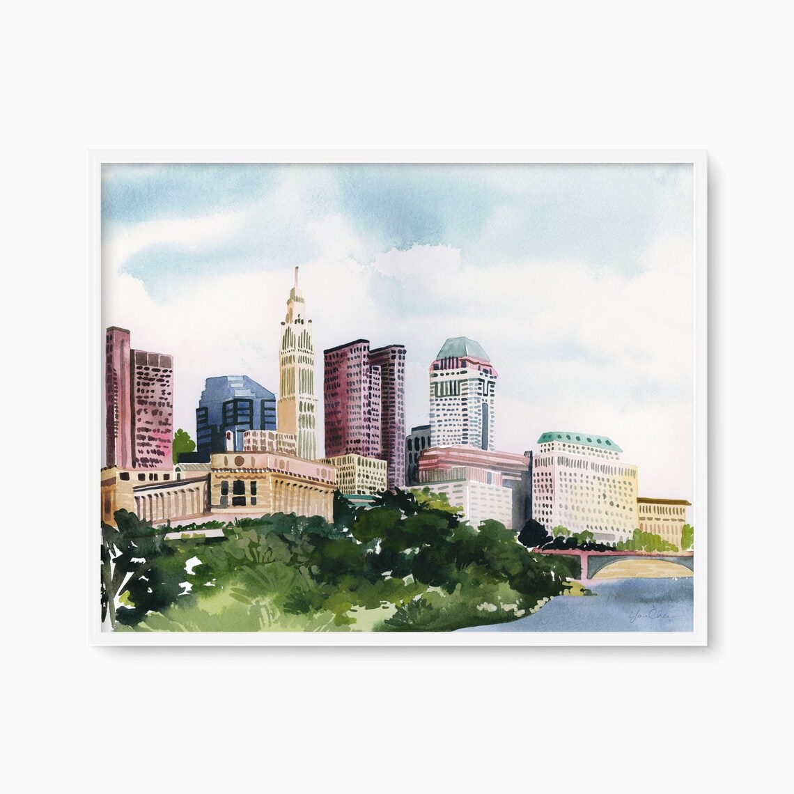 Columbus Ohio Watercolor Skyline, Travel Poster