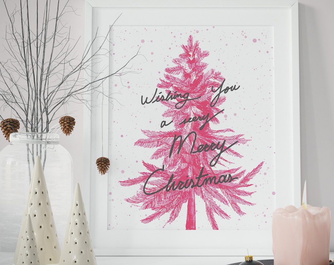 Pink Watercolor Christmas Tree With Holiday Script Greeting Poster