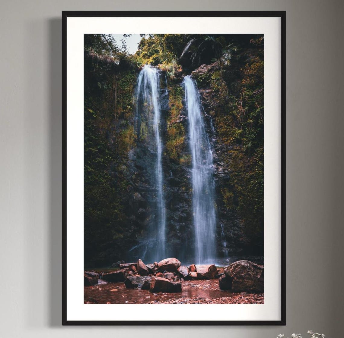 Twin Waterfalls Pouring into a Lush Tropical Forest Gorge Poster
