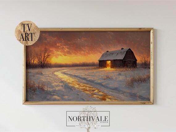 Rustic Winter Barn Scene Moody Landscape Art Frame Tv Wall Decor Vintage Charm Cosy Farmhouse Golden Sunset 154