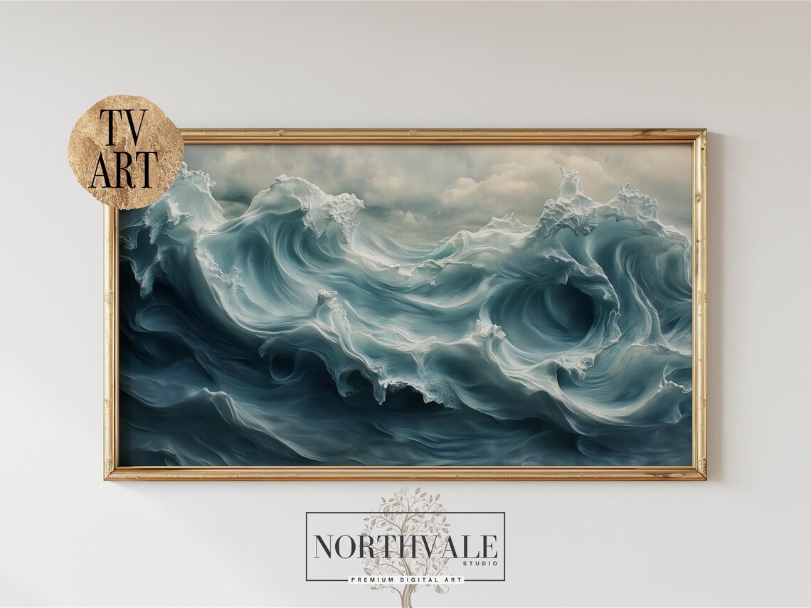 Dramatic Abstract Ocean Wave Sculpture Art Teal Blue Swirling Sea Poster