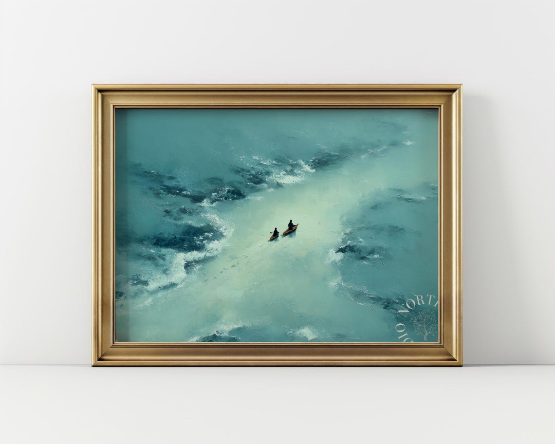Turquoise Ocean Aerial View Two Kayakers Minimalist Coastal Art Poster