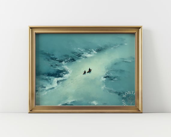 Turquoise Ocean Aerial View Two Kayakers Minimalist Coastal Art Poster
