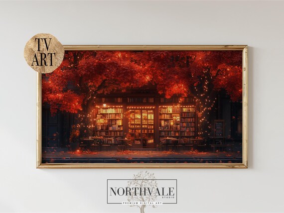 Autumn Bookstore Exterior Under Red Maple Night Lights Poster