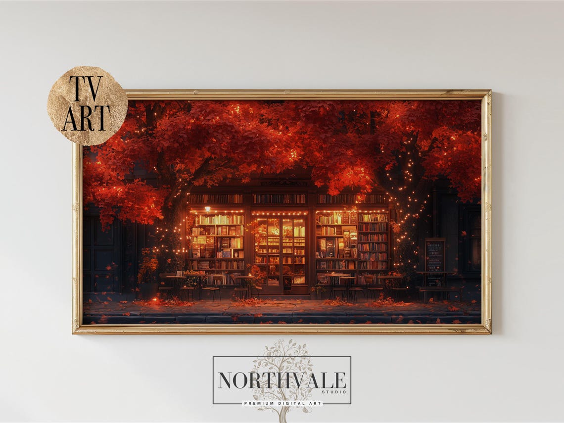 Autumn Bookstore Exterior Under Red Maple Night Lights Poster