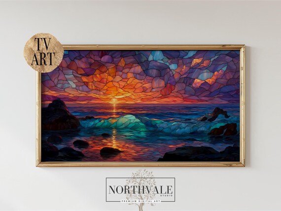 Coastal Sunset Ocean Stained Glass Style Vibrant TV Art Poster