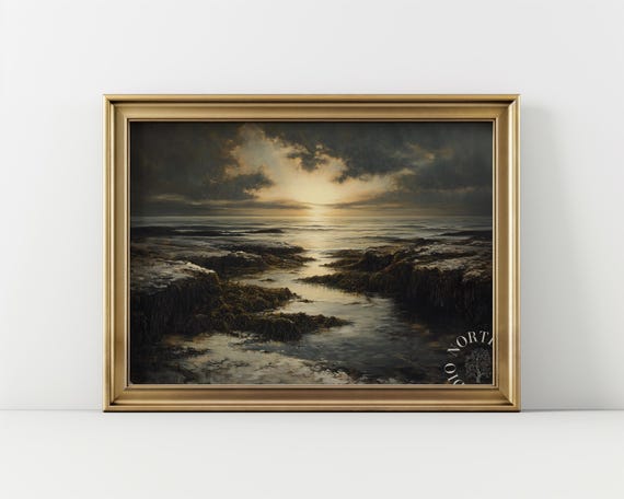 Moody Coastal Dusk Painting Dark Sea Landscape Print Rustic Rocky Tidal Flats Dramatic Sunset Wall Art Seascape Decor 8
