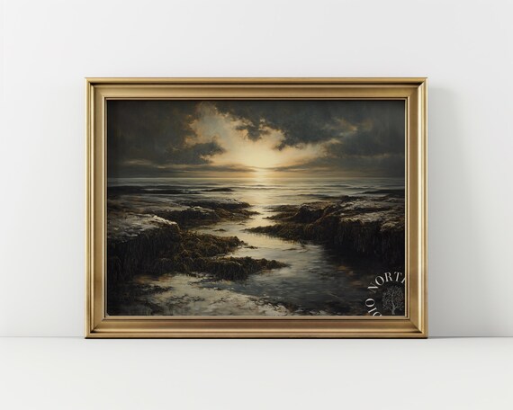 Moody Coastal Dusk Rocky Shore Dark Sea Sunset Oil Painting Wall Art