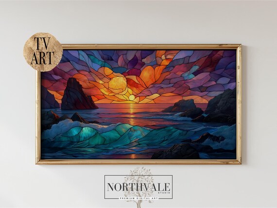 Ocean Sunset Stained Glass Style Waves Rocky Coastline TV Art Poster
