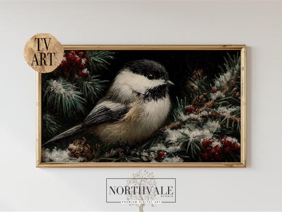 Winter Chickadee Tv Art Samsung Frame Rustic Bird Evergreen Branch Decor And Christmas Wall 97