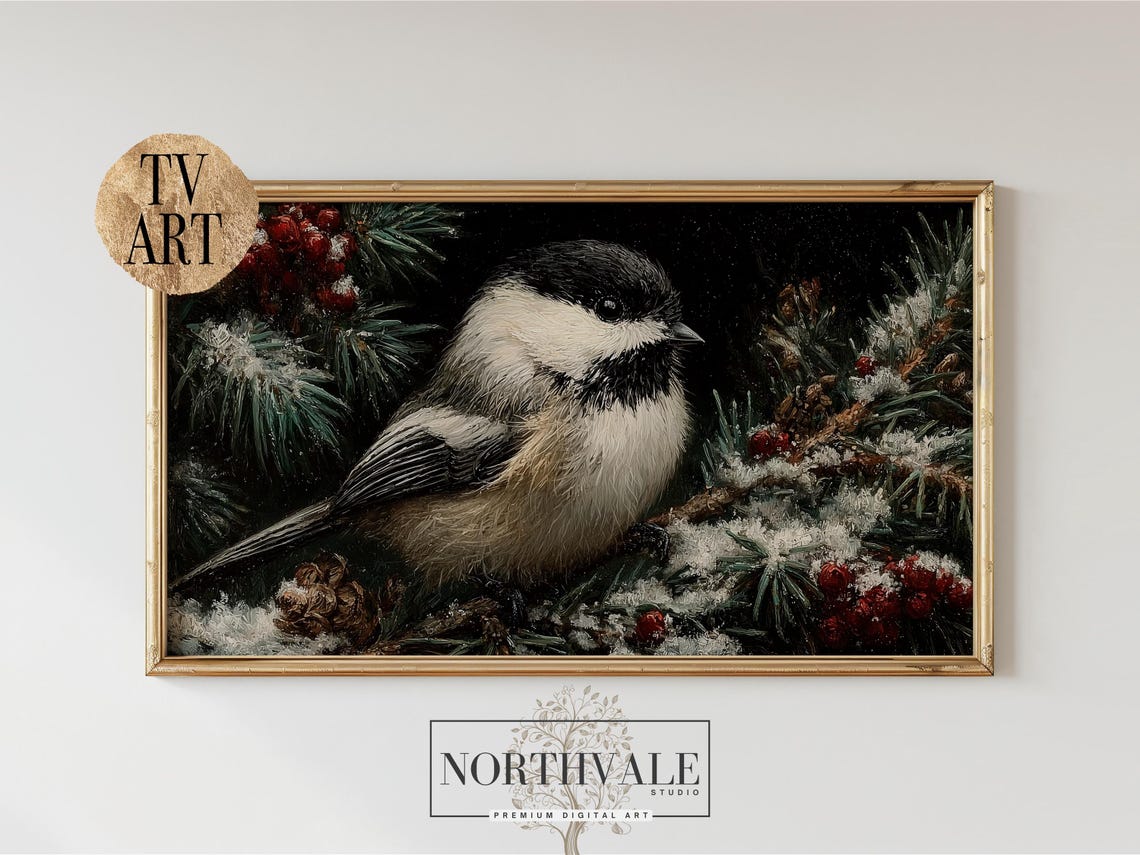 Winter Chickadee Snowy Evergreen Branch Red Berries Bird Poster