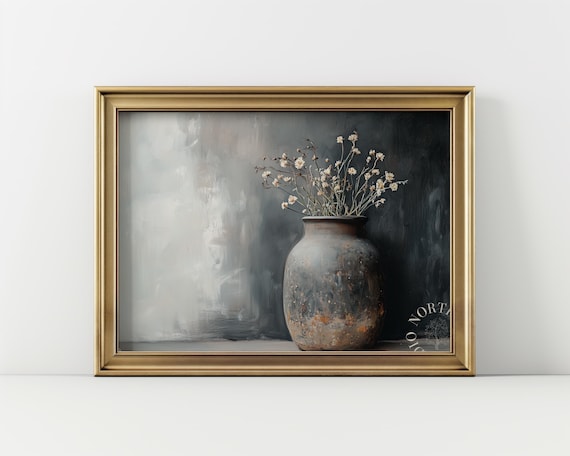 Rustic Clay Jug With Dried Flowers Print, Vintage