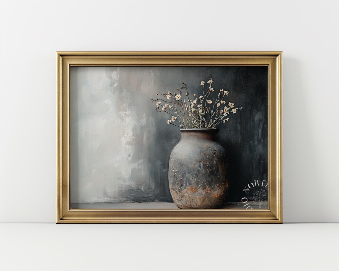 Rustic Clay Jug With Dried Flowers Print, Vintage