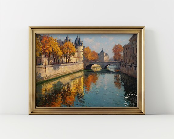 Vintage Autumn Seine River Painting Rustic Wall Art Parisian Landscape Scene Earthy European Decor 157