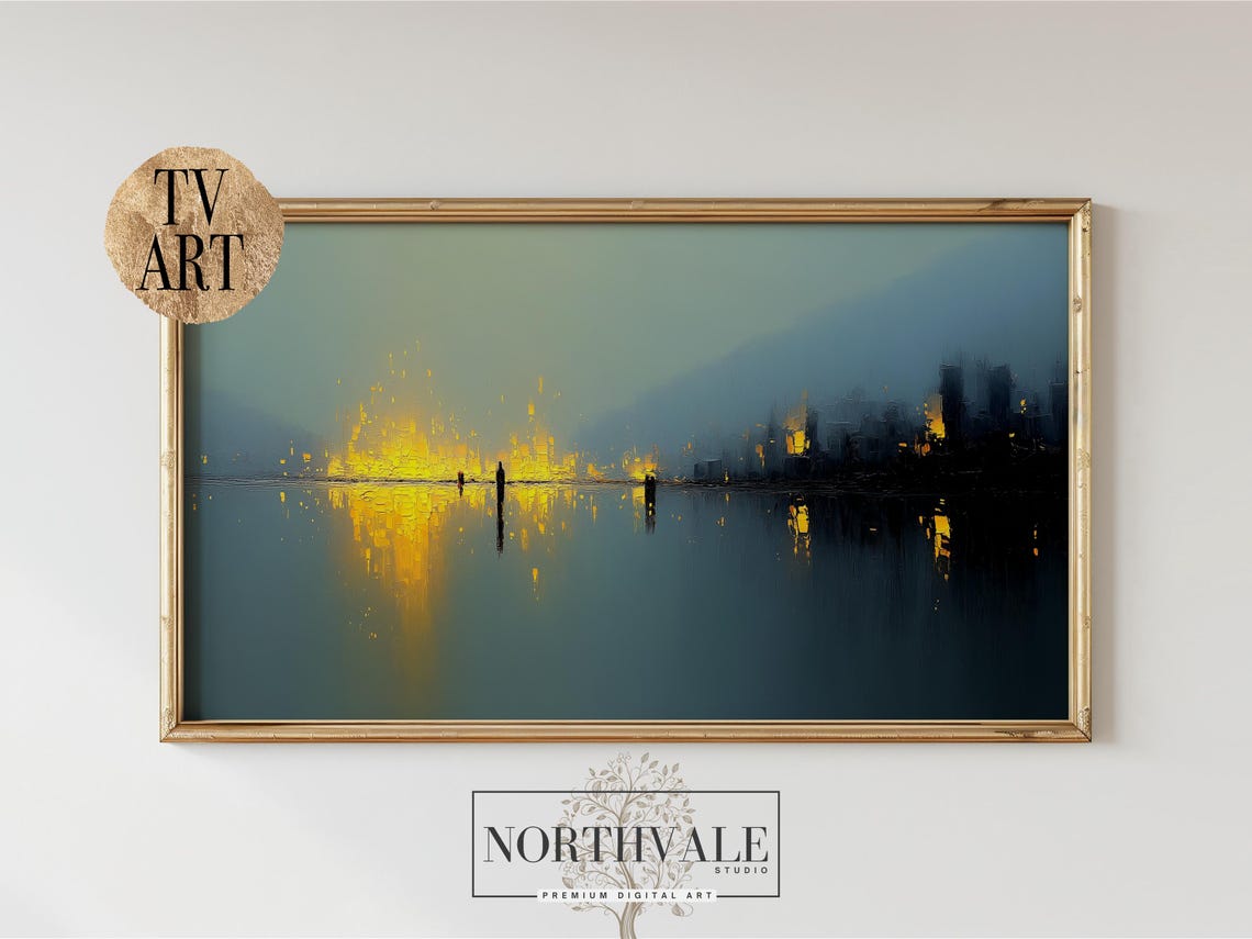 Golden Light Figures on Water Night Lake Moody Landscape Poster