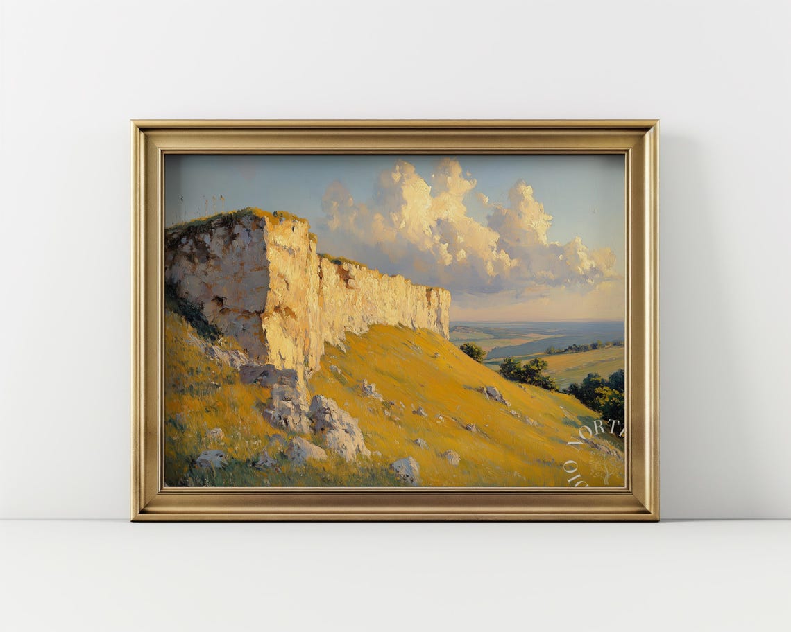 Sunlit White Cliffs over Golden Countryside Oil Painting Poster