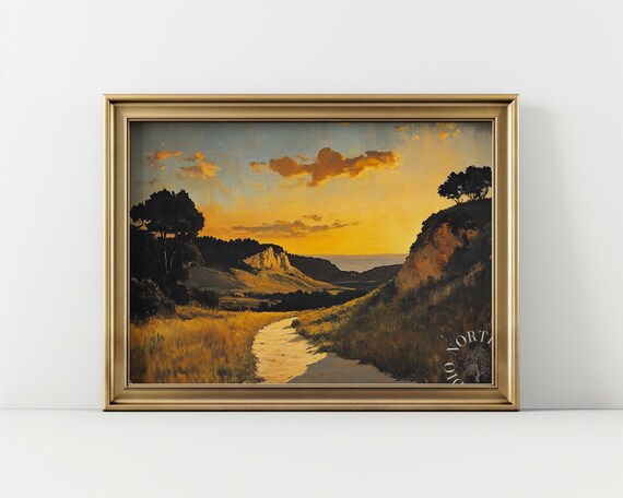 Rustic Sunset Landscape Painting Scenic Country Road Broad Brush Strokes Art Moody Autumn Wall Decor Vintage 32