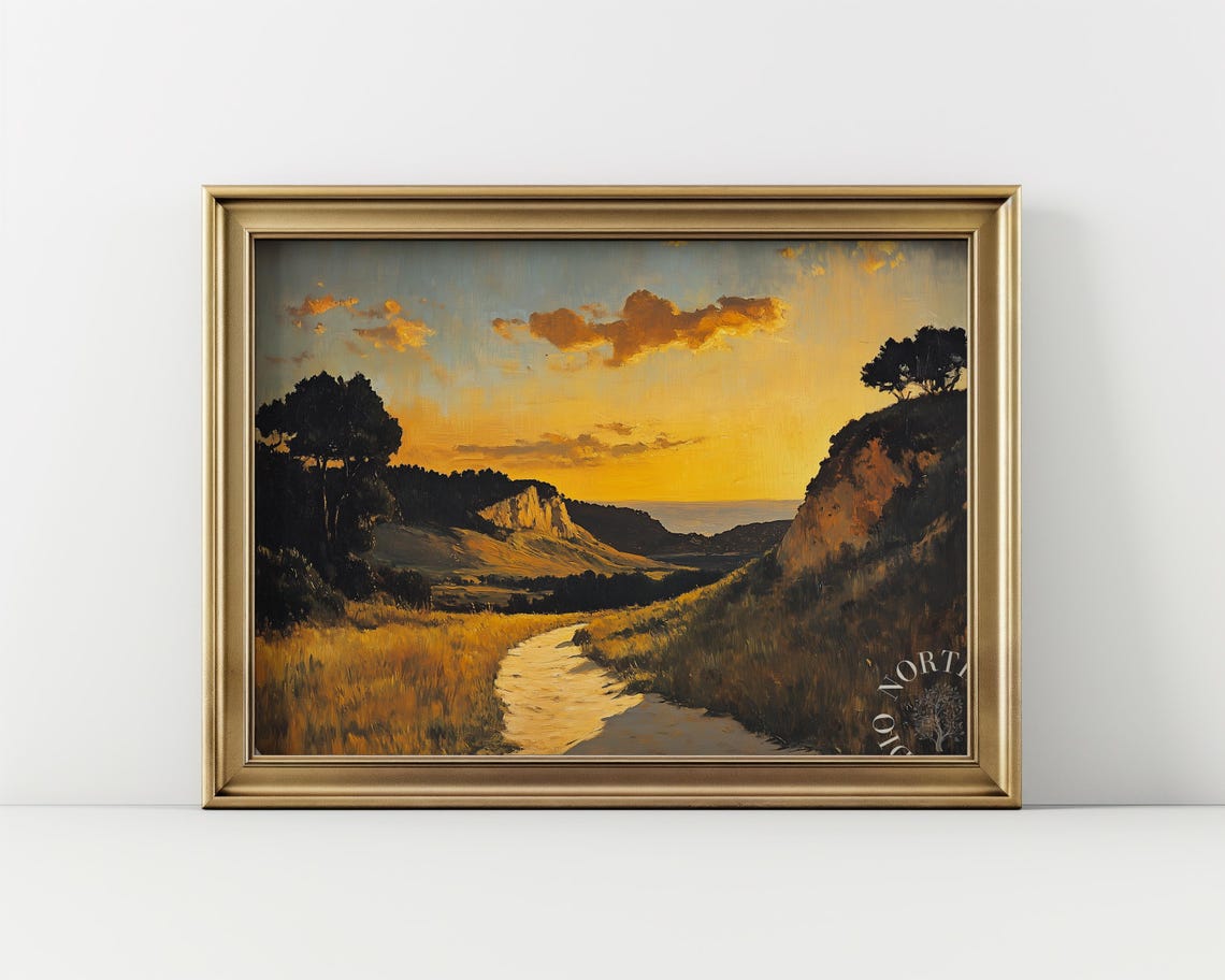 Golden Sunset Country Road Winding through Hills Landscape Poster