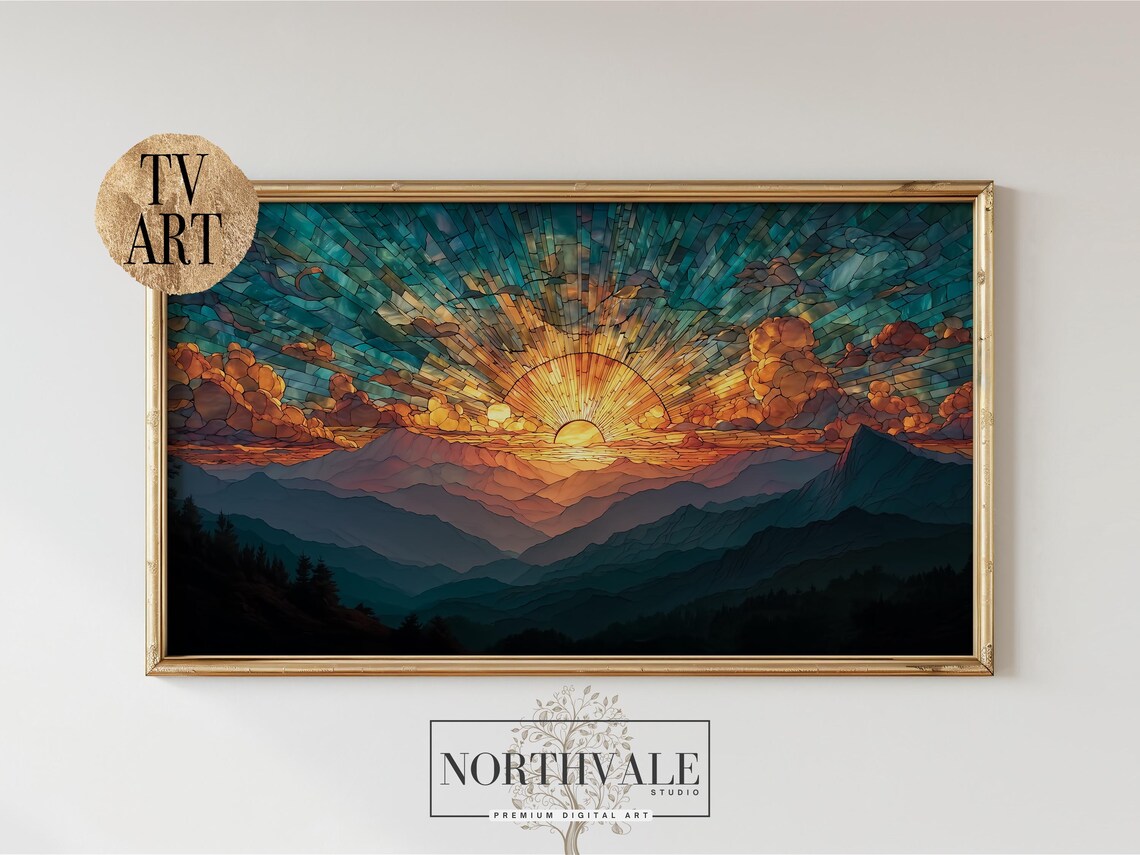 Radiant Sunrise Over Mountain Ranges Stained Glass TV Art Poster