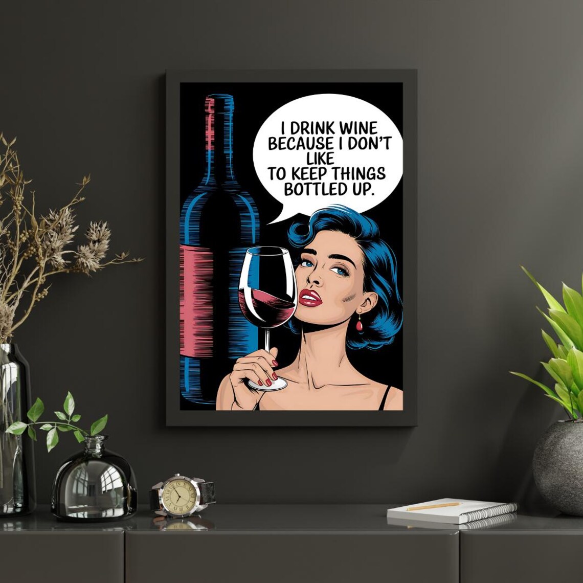 Pop Art Blue Haired Woman Keep Things Bottled Up Wine Pun Poster - Image 5