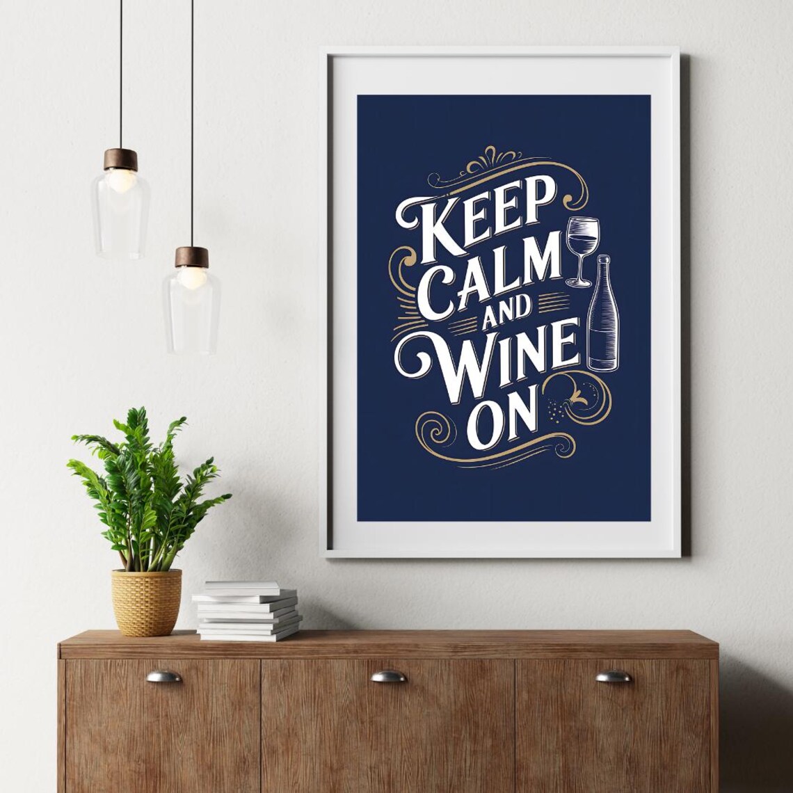 Navy Blue Keep Calm and Wine On Gold Lettering Typography Poster - Image 6