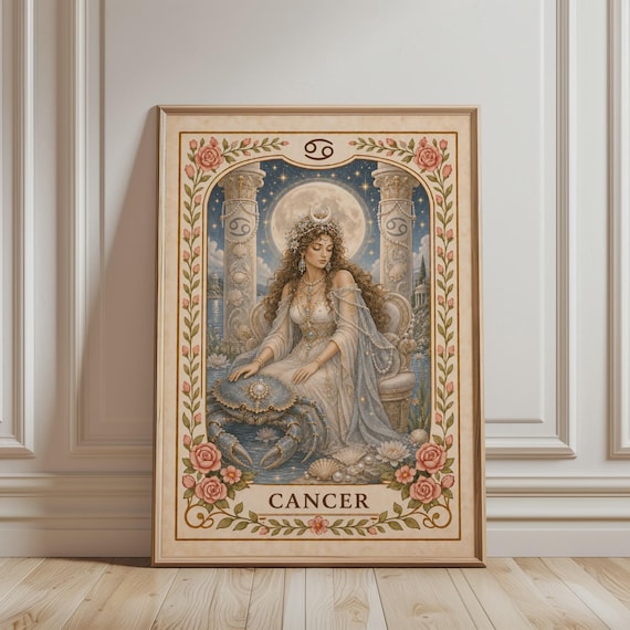 Spiritual Wall Art Cancer Zodiac Print Boho Floral Astrology Mystic Botanical Vintage Poster For Celestial Home Decor
