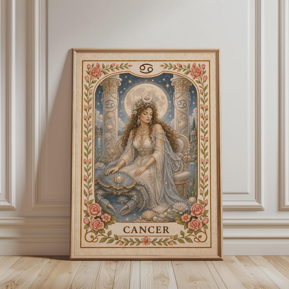 Cancer Zodiac Goddess Crab Moon Boho Floral Astrology Poster