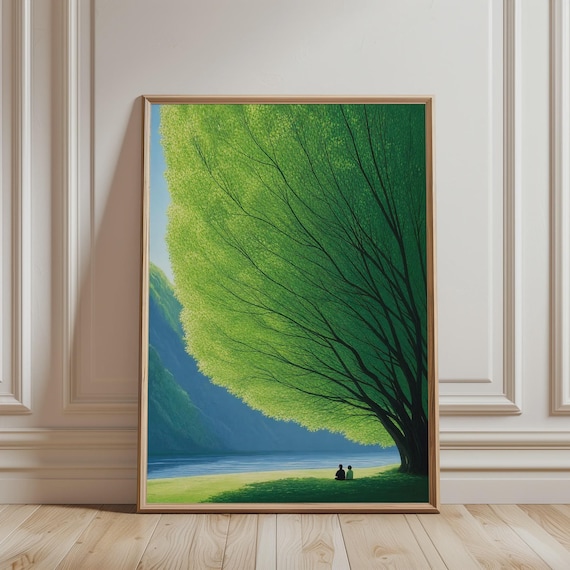Peaceful Couple Under Green Tree Lakeside Mountain Serene Nature Wall Poster