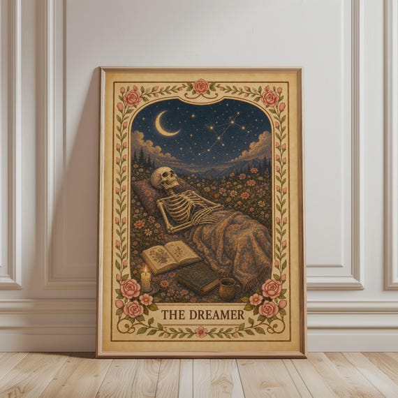 Spiritual Wall Art The Dreamer Tarot Card Print Sleeping Witchy Skeleton Mystic Botanical Vintage Poster For Celestial Home Decor