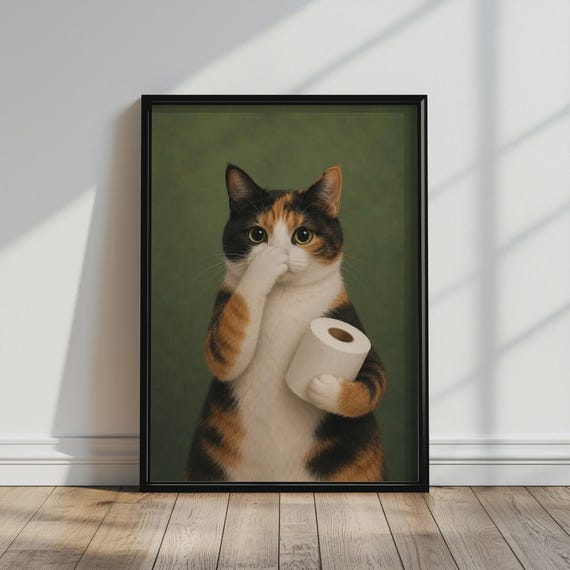 Calico Cat Bathroom Poster, Quirky Toilet Humor