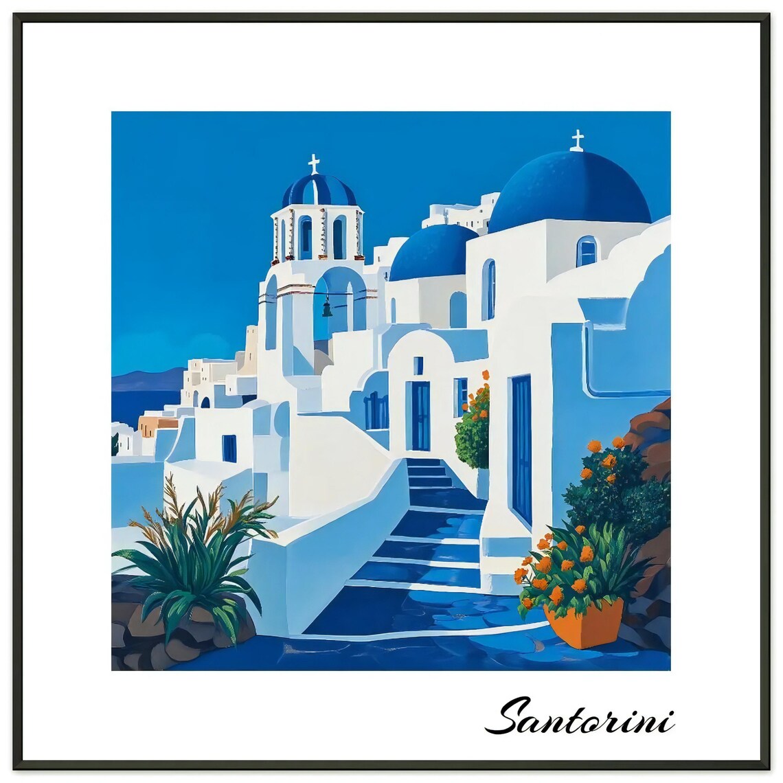 Santorini Greece Blue Domes White Village Sunny Travel Art Poster