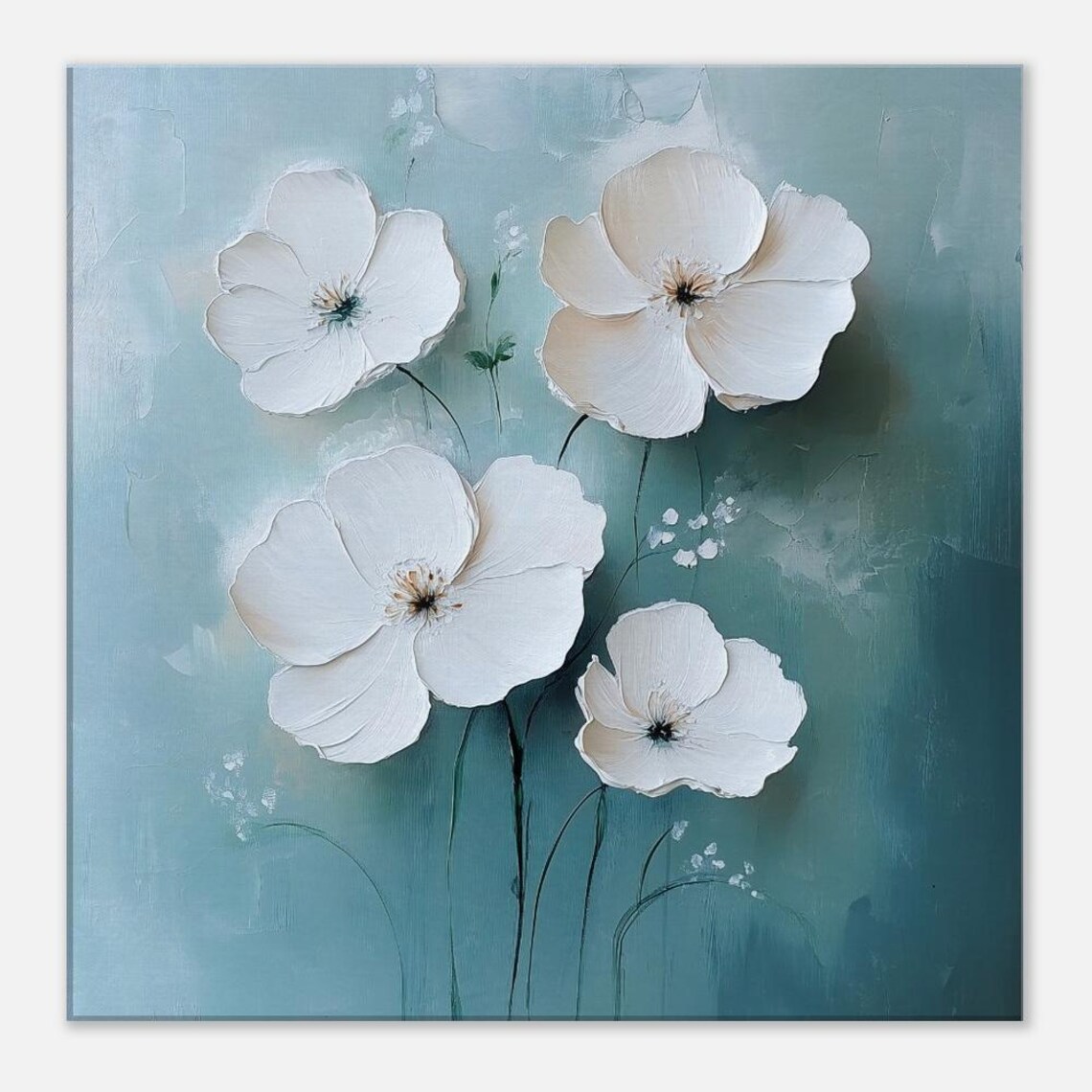 White Wildflowers Teal Background Textured Oil Painting Print