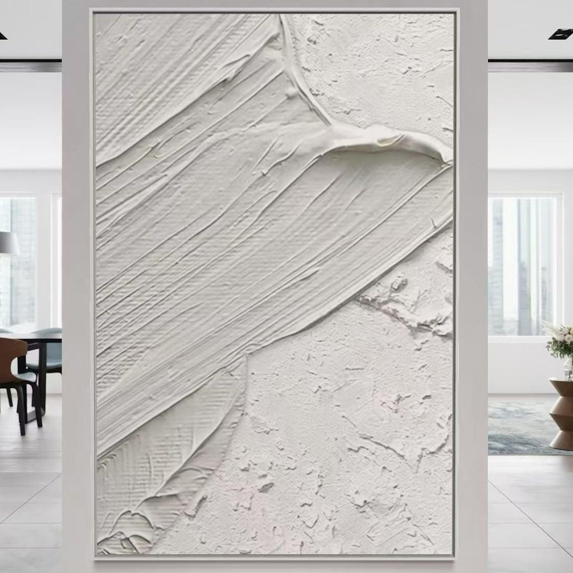 White Diagonal Brushstroke Sweep 3D Textured Minimalist Art Poster
