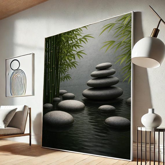 Zen Bamboo Stone Canvas Tranquil Spa Wall Art Print Minimalist Water Meditation Decor Peaceful Nature Poster