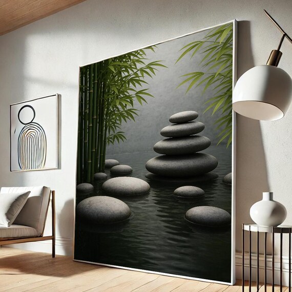 Zen Stacked Stones Bamboo Mist Gray Spa Meditation Art Poster