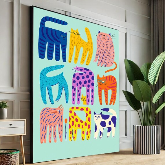 Colorful Cats Whimsical Illustration Nine Playful Kittens Art Poster