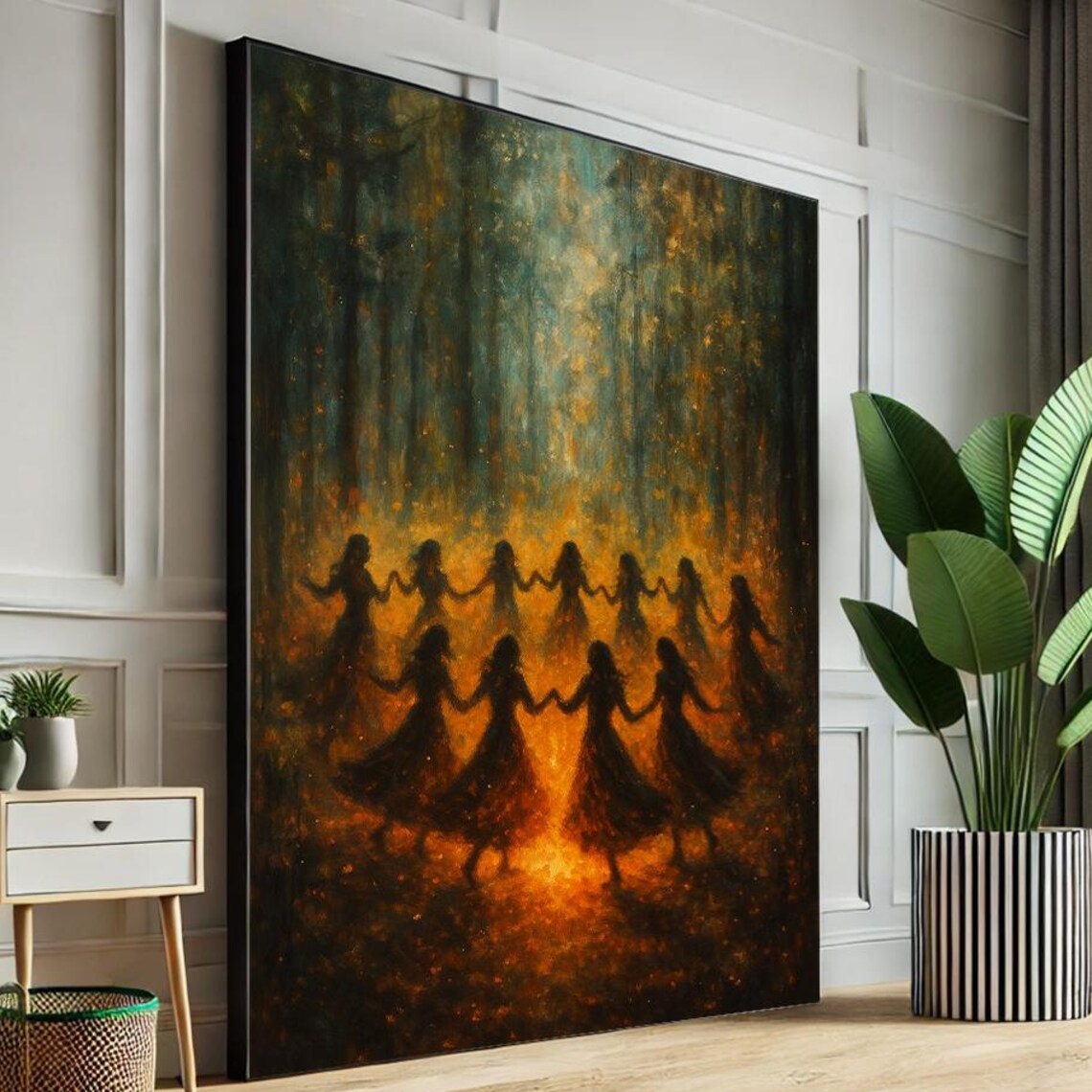 Dancing Women Circle Fiery Forest Silhouette Mystical Art Poster