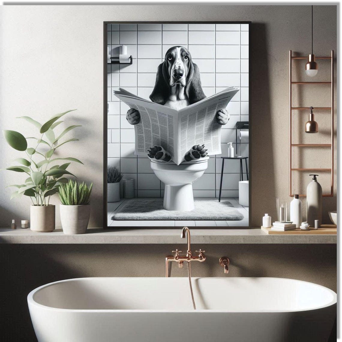 Funny Basset Hound Bathroom Wall Art Basset Hound Sitting On Toilet Basset Bathroom Decor Pet In Toilet Humor Basset Dog - Image 2