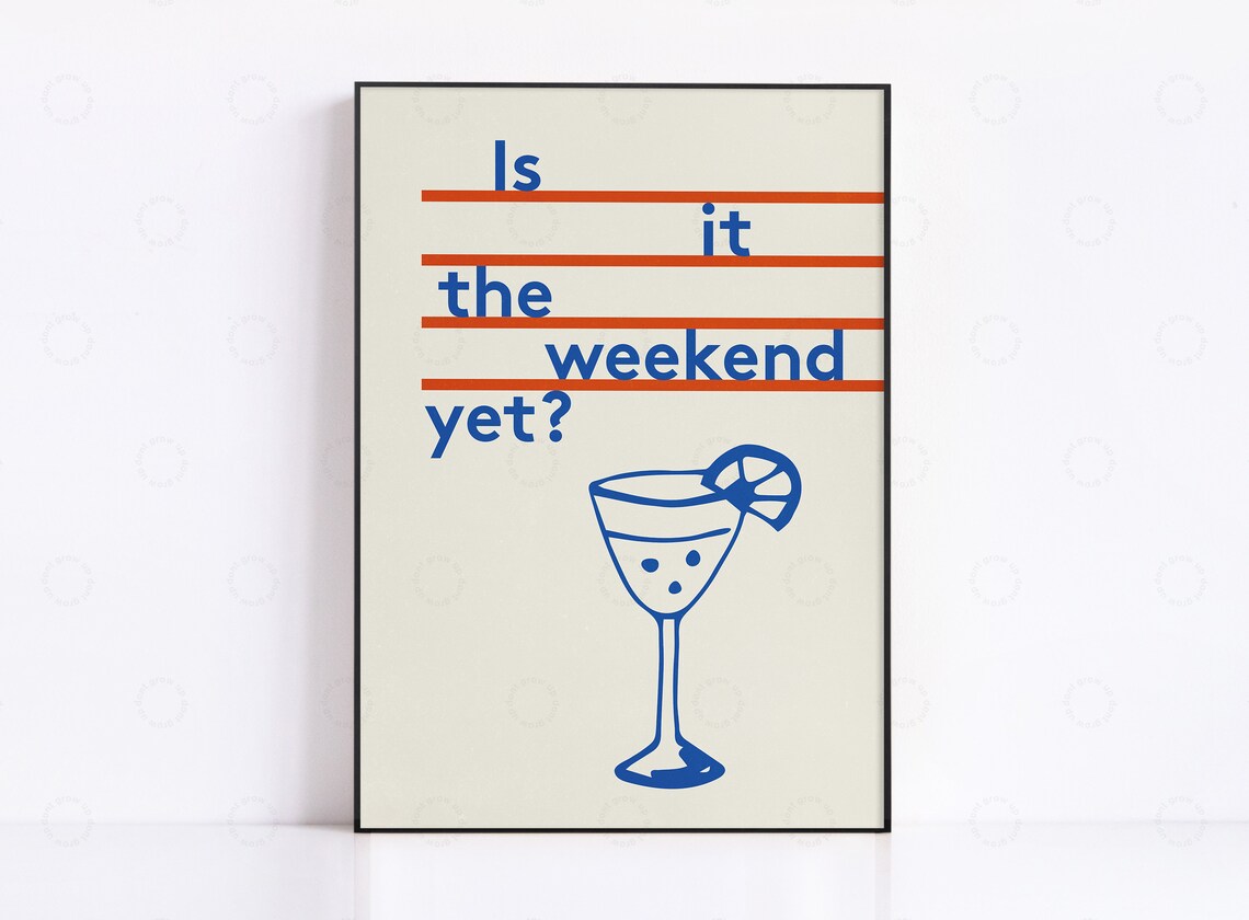 Weekend Cocktail Quote Poster, Vintage Midcentury Style