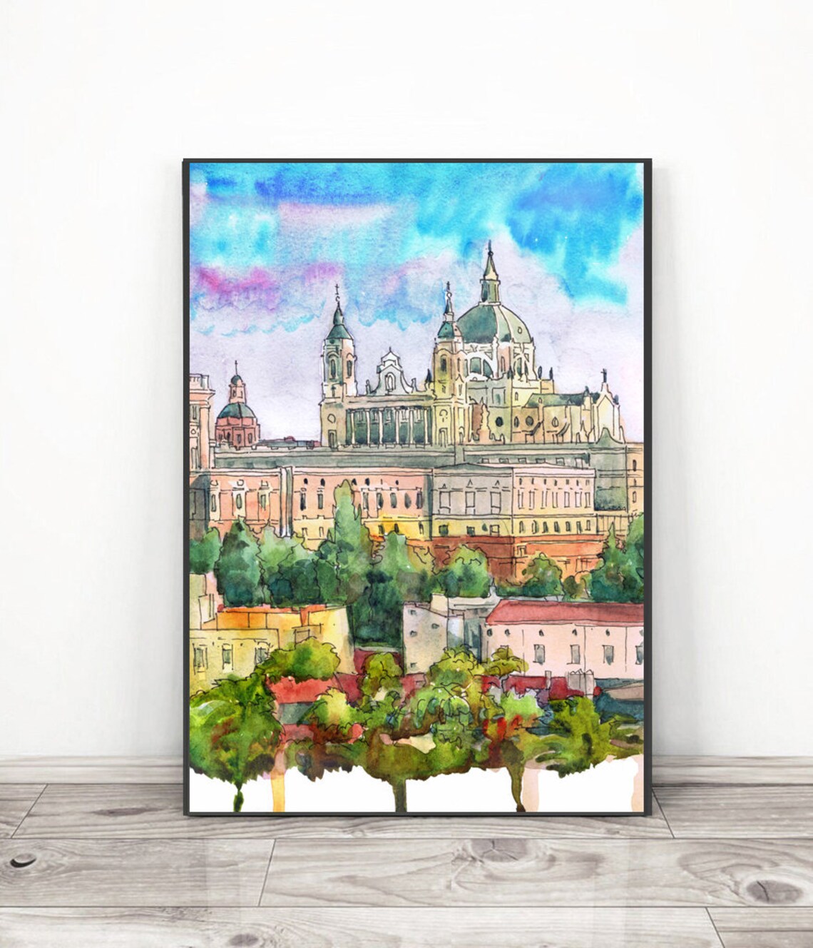 Madrid Skyline Watercolor Art Print, European Cityscape