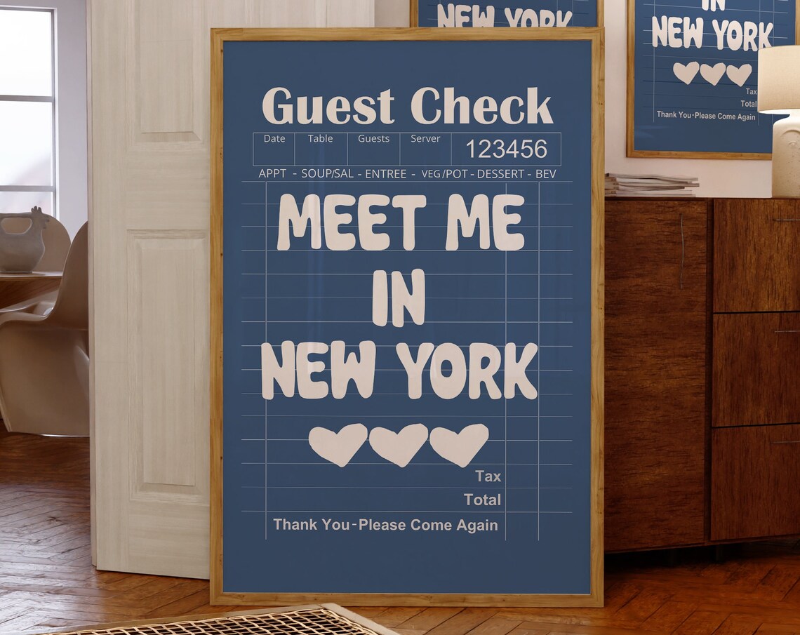 Meet Me In New York Navy Guest Check Heart Retro Travel Quote Poster
